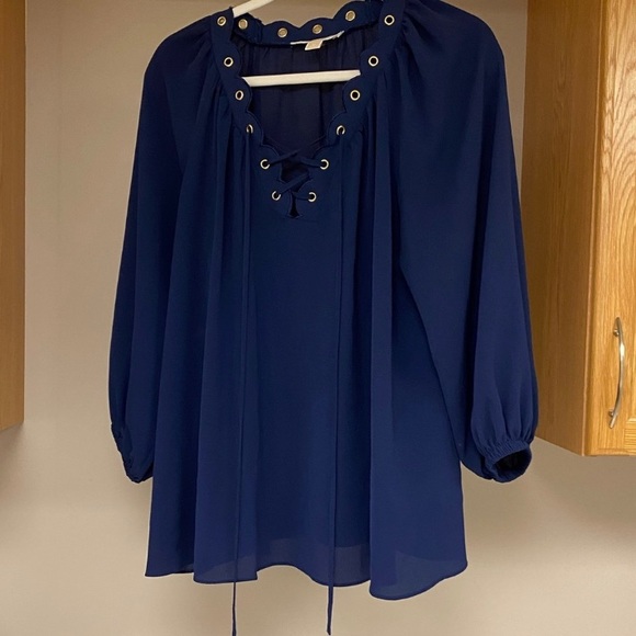 Michael Kors Navy Blue Scallop Blouse with Gold Details - Picture 6 of 6